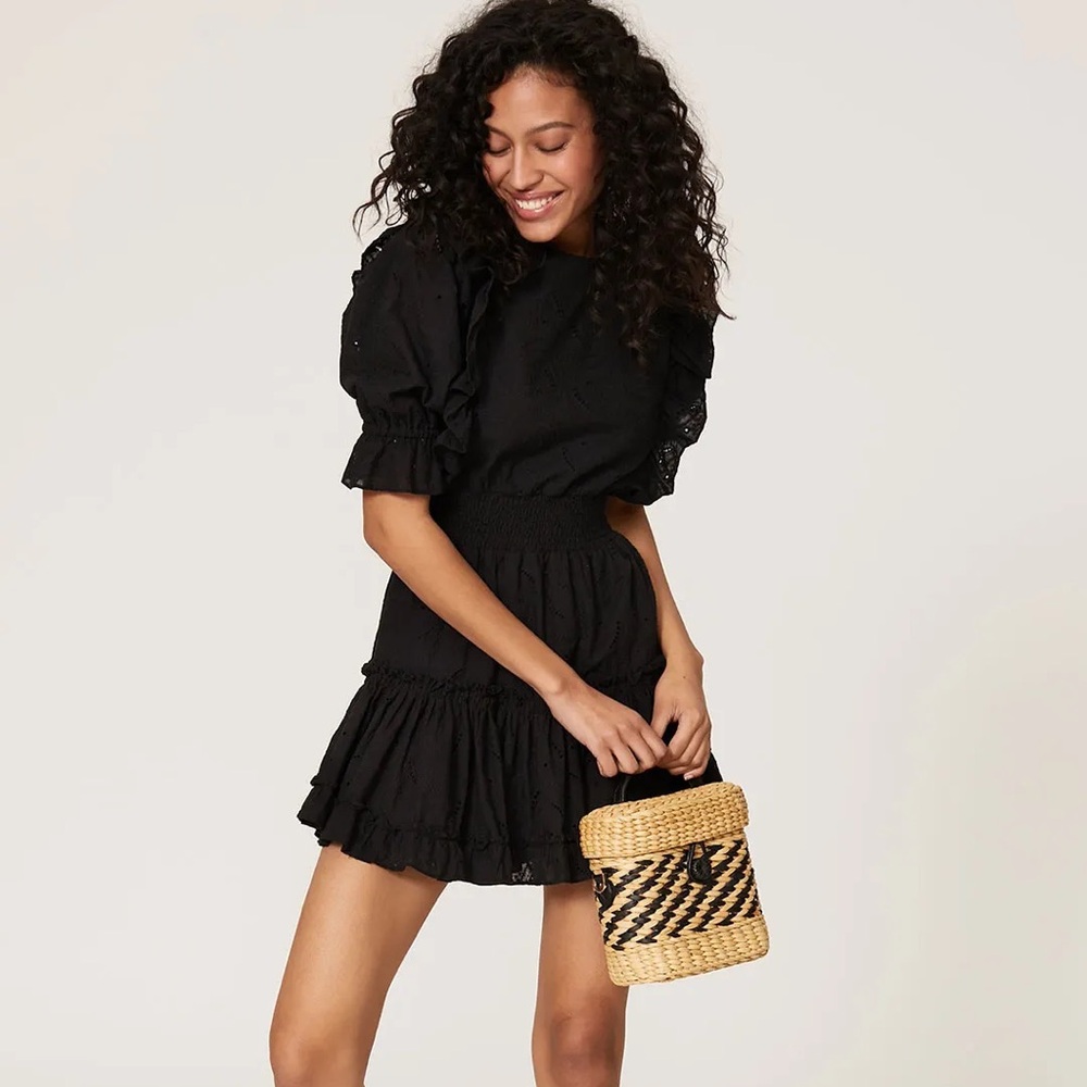 Misa Los Angeles Black Doutzen Puff Sleeve Eyelet Mini Dress Size Medium